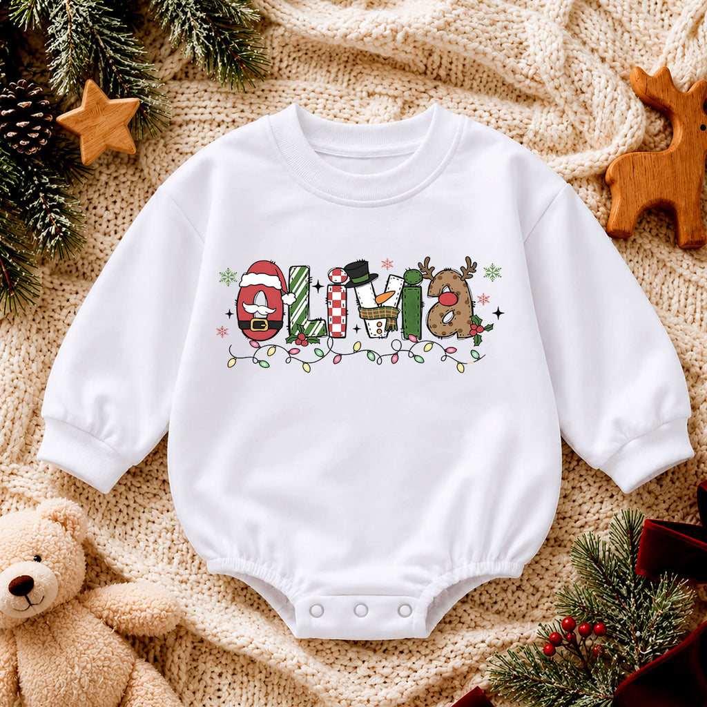 Custom Name Christmas Character Romper, Personalized Santa Snowman Reindeer Outfit, 1st Christmas Baby Gift, First Birthday Keepsake — product view 4