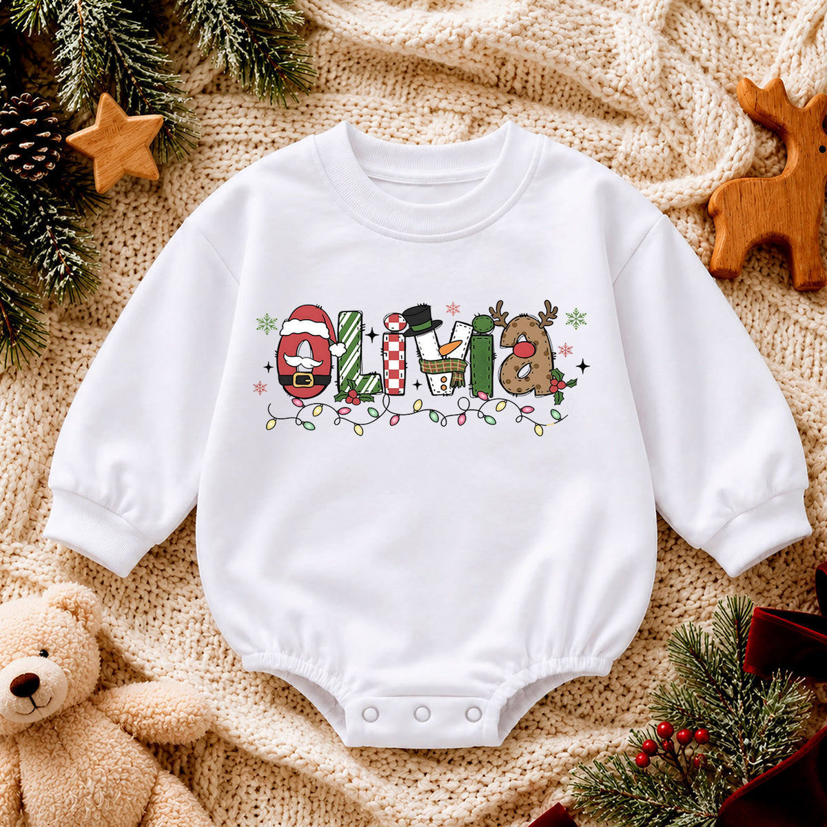 Custom Name Christmas Character Romper, Personalized Santa Snowman Reindeer Outfit, 1st Christmas Baby Gift, First Birthday Keepsake — product view 4