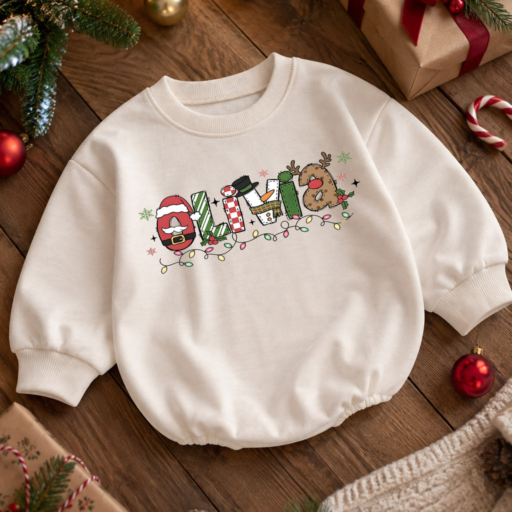 Custom Name Christmas Character Romper, Personalized Santa Snowman Reindeer Outfit, 1st Christmas Baby Gift, First Birthday Keepsake — product view 5
