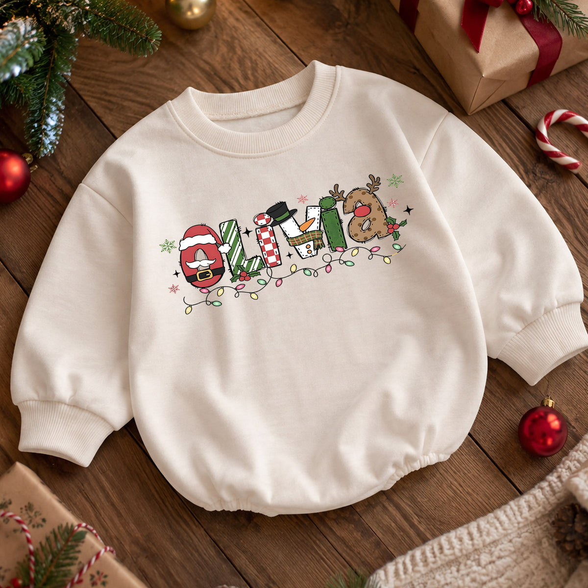 Custom Name Christmas Character Romper, Personalized Santa Snowman Reindeer Outfit, 1st Christmas Baby Gift, First Birthday Keepsake — product view 5