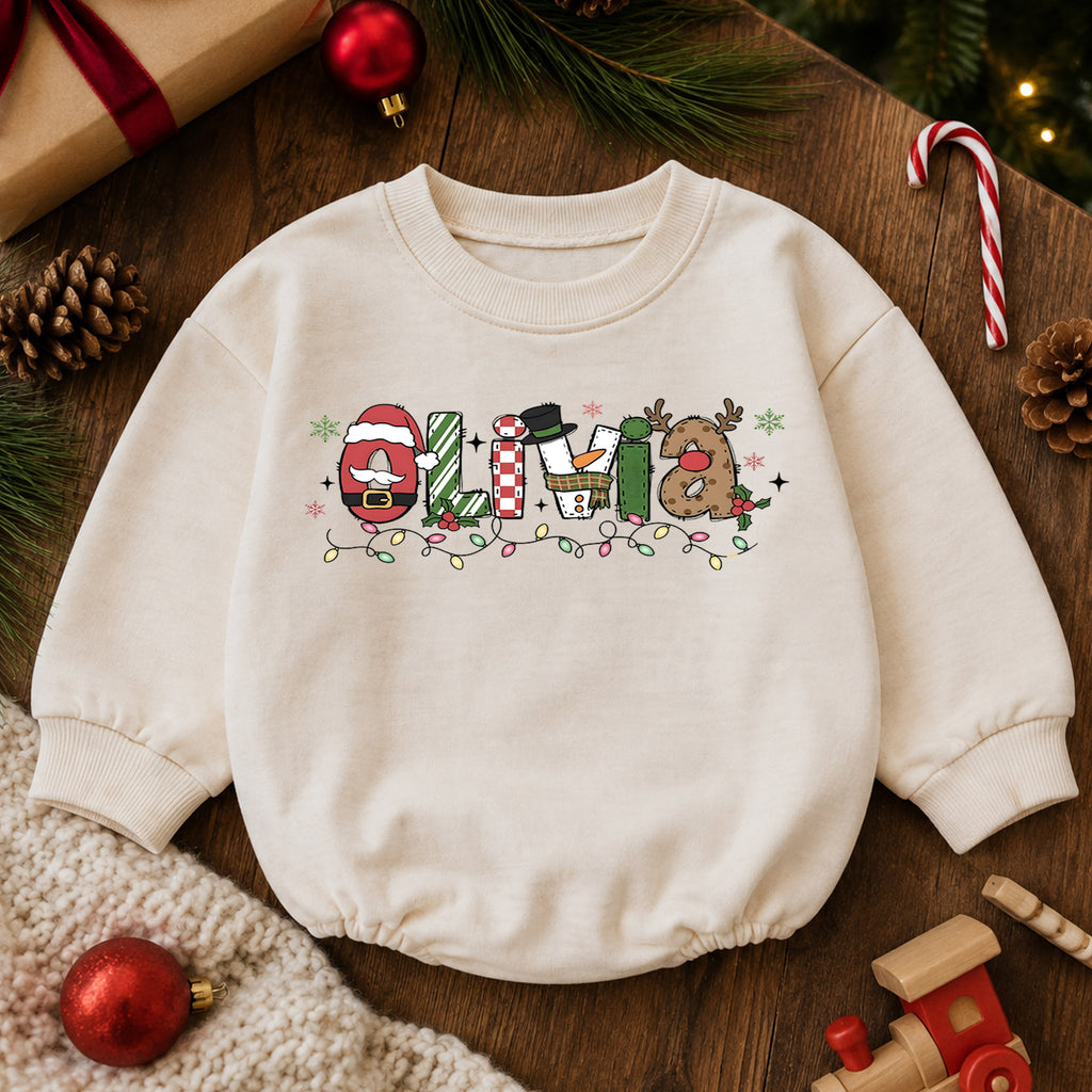 Custom Name Christmas Character Romper, Personalized Santa Snowman Reindeer Outfit, 1st Christmas Baby Gift, First Birthday Keepsake — product view 6