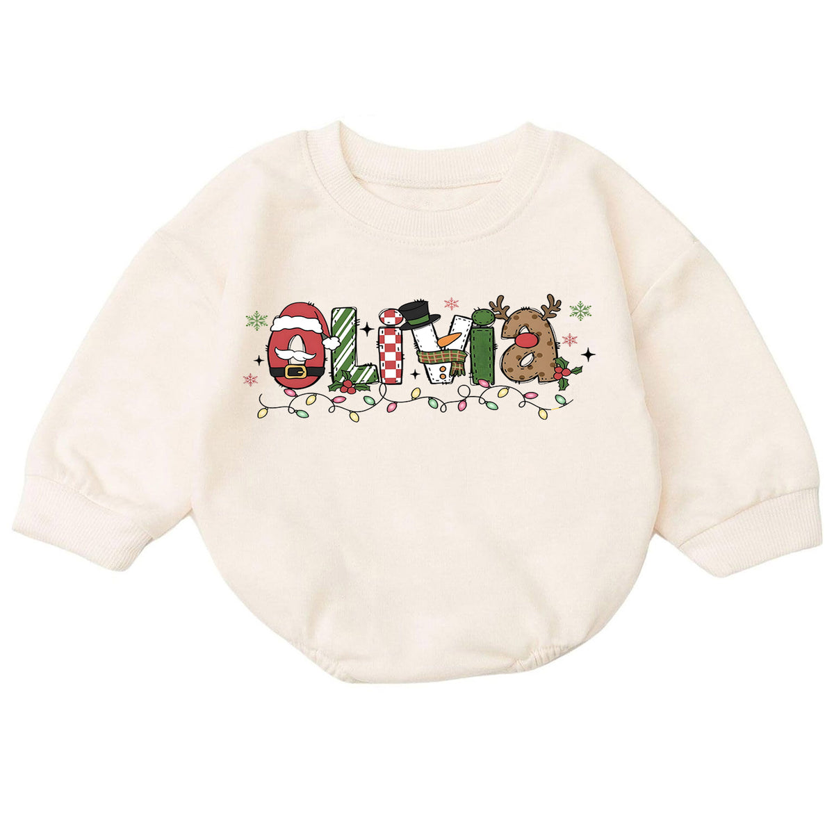 Custom Name Christmas Character Romper, Personalized Santa Snowman Reindeer Outfit, 1st Christmas Baby Gift, First Birthday Keepsake — product view 7