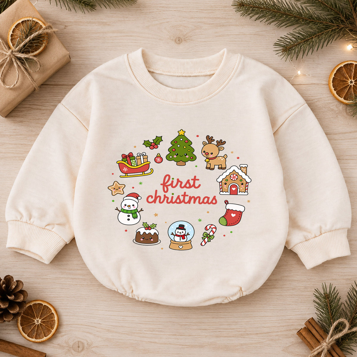 First Christmas Baby Romper, Cute Christmas Icons Holiday Romper, Baby First Xmas Outfit, Toddler Christmas Keepsake Gift — product view 1