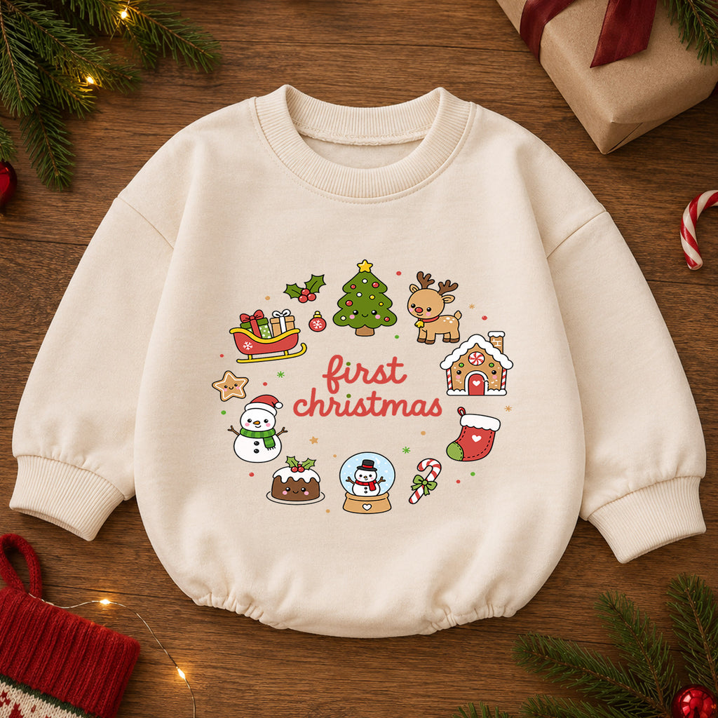 First Christmas Baby Romper, Cute Christmas Icons Holiday Romper, Baby First Xmas Outfit, Toddler Christmas Keepsake Gift — product view 2