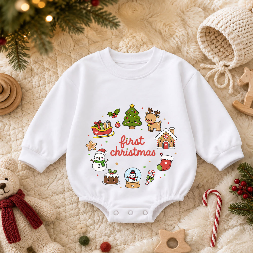 First Christmas Baby Romper, Cute Christmas Icons Holiday Romper, Baby First Xmas Outfit, Toddler Christmas Keepsake Gift — product view 3