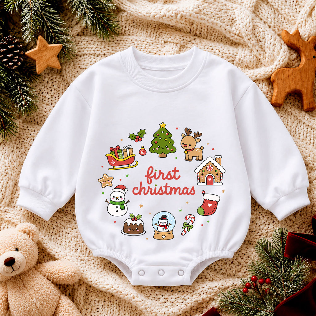 First Christmas Baby Romper, Cute Christmas Icons Holiday Romper, Baby First Xmas Outfit, Toddler Christmas Keepsake Gift — product view 4