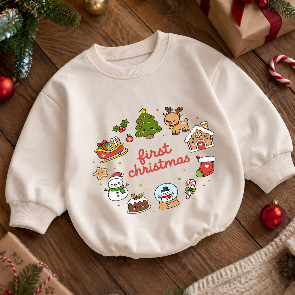 First Christmas Baby Romper, Cute Christmas Icons Holiday Romper, Baby First Xmas Outfit, Toddler Christmas Keepsake Gift — product view 5