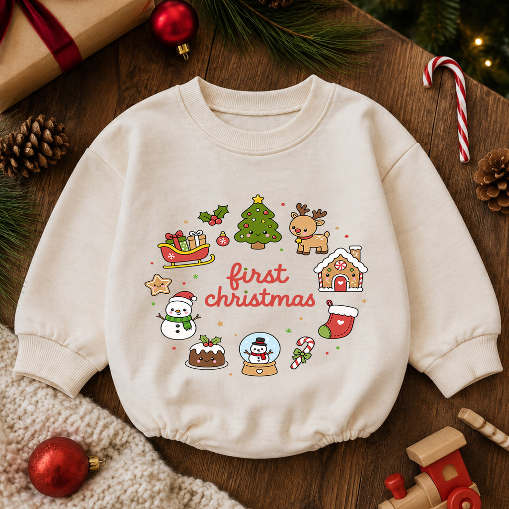 First Christmas Baby Romper, Cute Christmas Icons Holiday Romper, Baby First Xmas Outfit, Toddler Christmas Keepsake Gift — product view 6