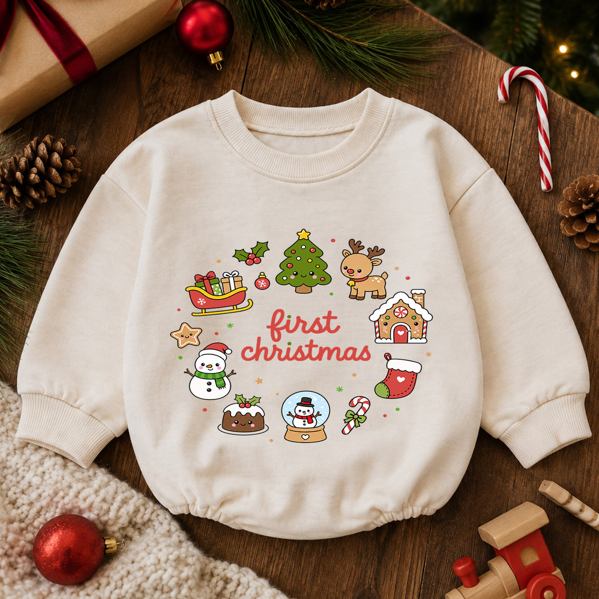 First Christmas Baby Romper, Cute Christmas Icons Holiday Romper, Baby First Xmas Outfit, Toddler Christmas Keepsake Gift — product view 6