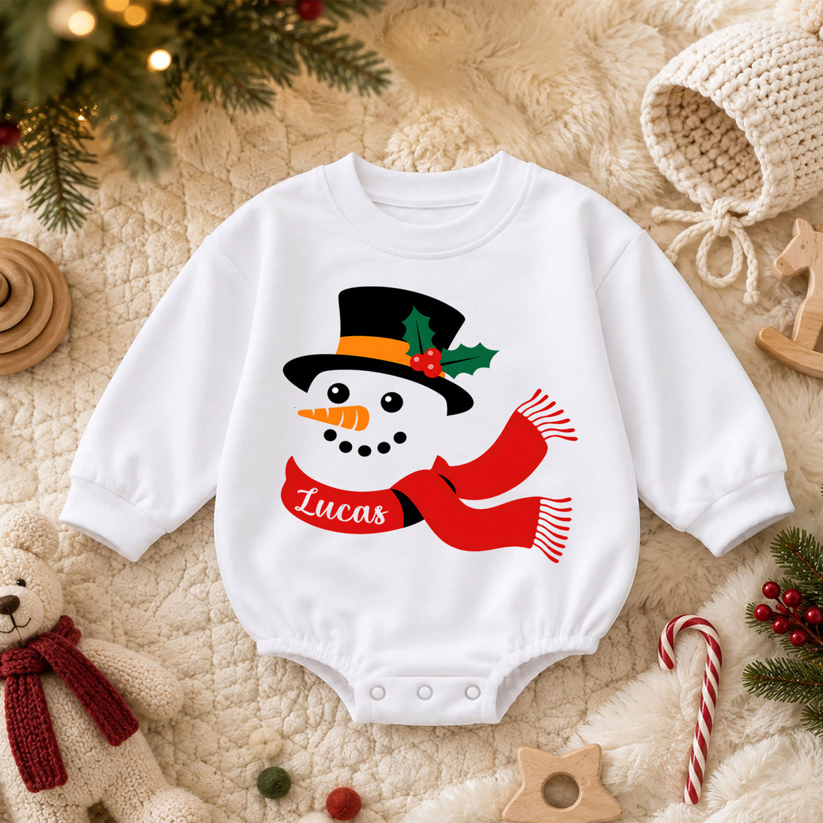 Custom Name Christmas Romper for Baby, Personalized Plaid Holiday Letters, My First Birthday Outfit, 1st Christmas Gift — product view 3