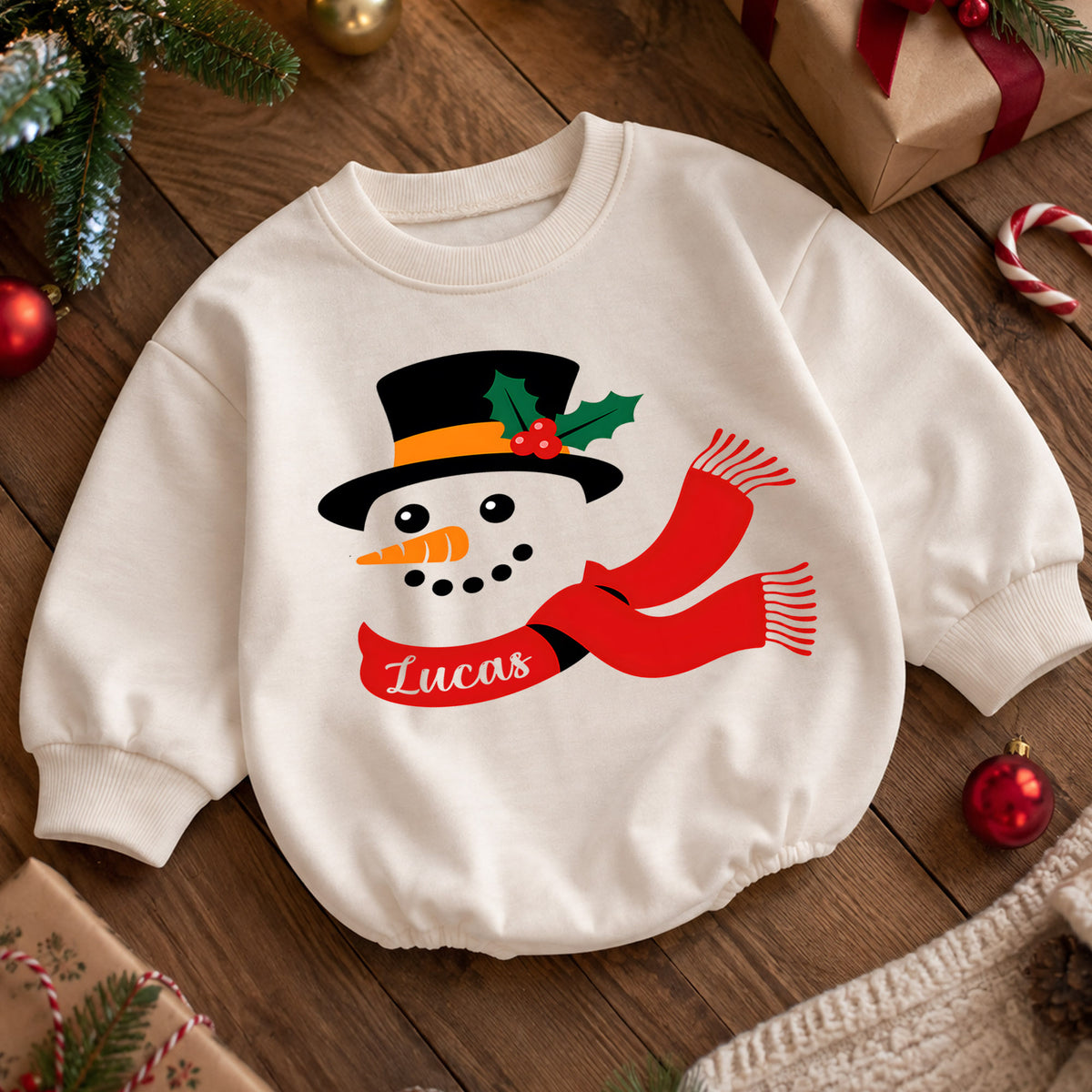 Custom Name Christmas Romper for Baby, Personalized Plaid Holiday Letters, My First Birthday Outfit, 1st Christmas Gift — product view 5