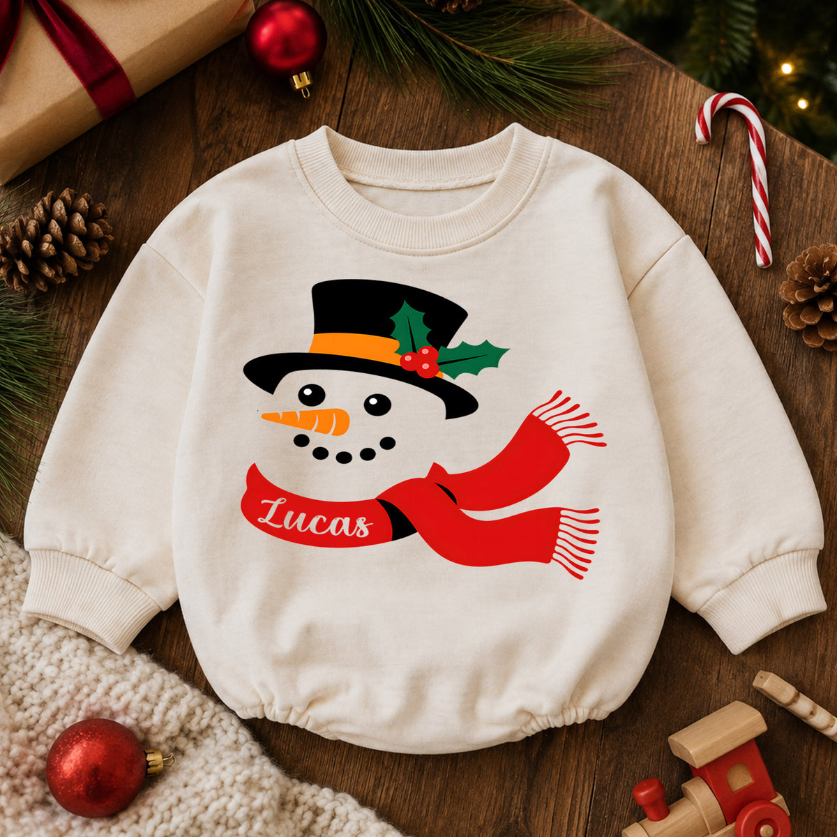 Custom Name Christmas Romper for Baby, Personalized Plaid Holiday Letters, My First Birthday Outfit, 1st Christmas Gift — product view 6