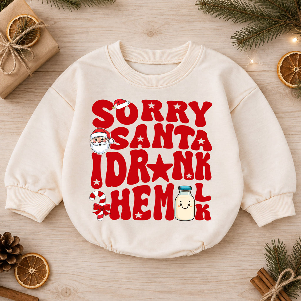 Sorry Santa I Drank the Milk Baby Romper, Retro Christmas Romper, Milk Bottle Holiday Outfit, Funny Toddler Xmas Gift — product view 1