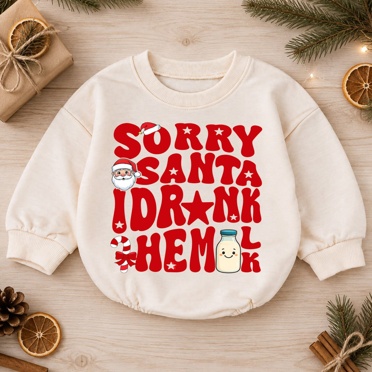 Sorry Santa I Drank the Milk Baby Romper, Retro Christmas Romper, Milk Bottle Holiday Outfit, Funny Toddler Xmas Gift — product view 1