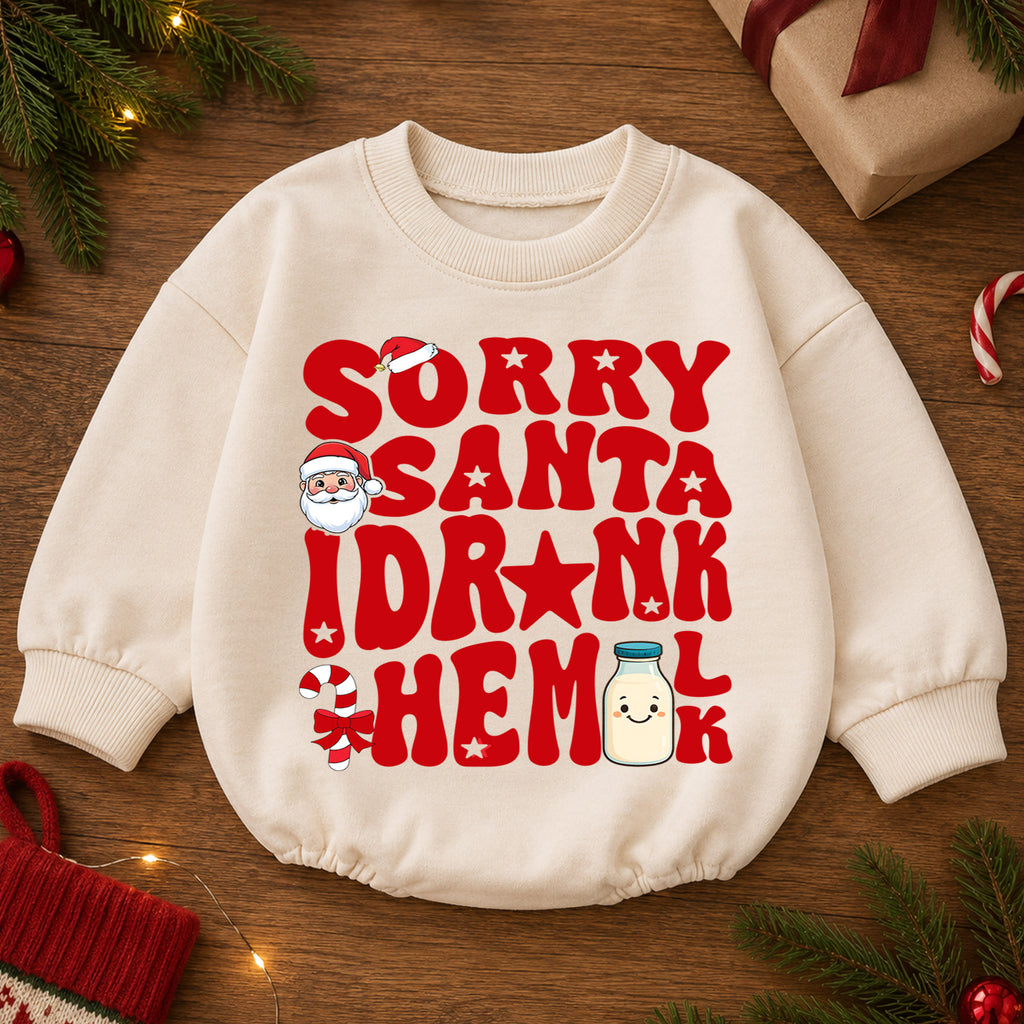 Sorry Santa I Drank the Milk Baby Romper, Retro Christmas Romper, Milk Bottle Holiday Outfit, Funny Toddler Xmas Gift — product view 2