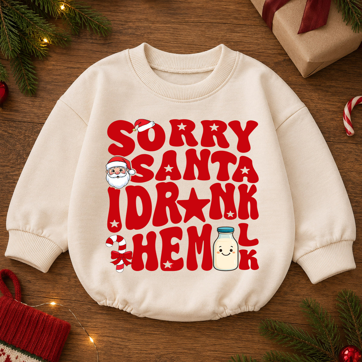Sorry Santa I Drank the Milk Baby Romper, Retro Christmas Romper, Milk Bottle Holiday Outfit, Funny Toddler Xmas Gift — product view 2