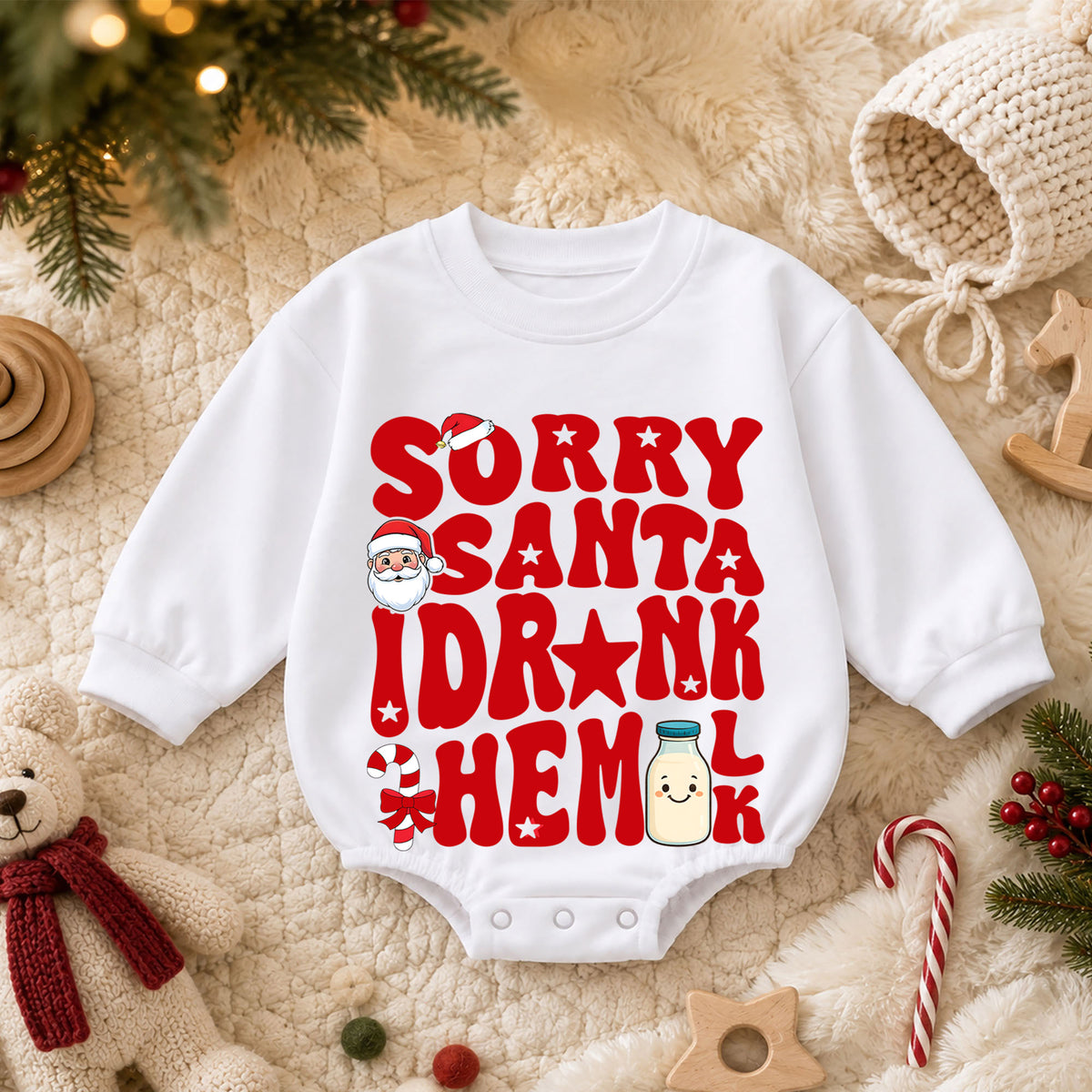 Sorry Santa I Drank the Milk Baby Romper, Retro Christmas Romper, Milk Bottle Holiday Outfit, Funny Toddler Xmas Gift — product view 3