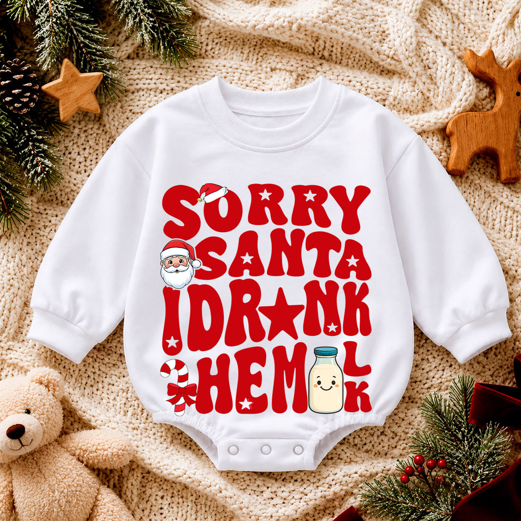 Sorry Santa I Drank the Milk Baby Romper, Retro Christmas Romper, Milk Bottle Holiday Outfit, Funny Toddler Xmas Gift — product view 4