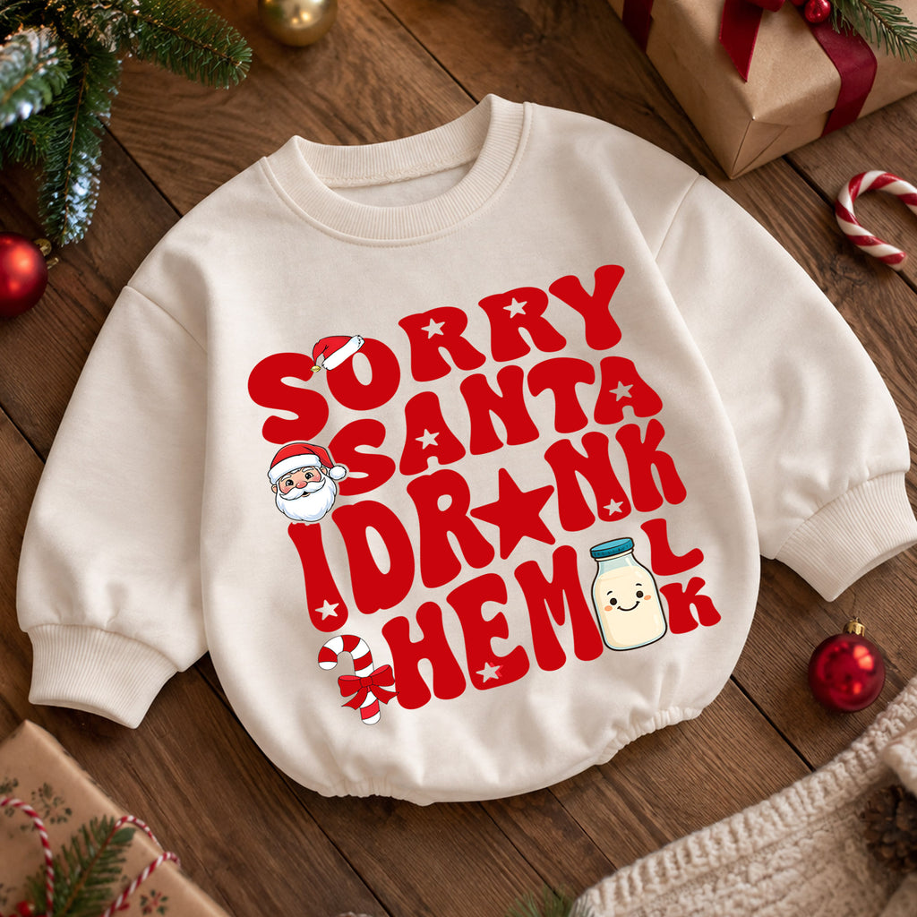 Sorry Santa I Drank the Milk Baby Romper, Retro Christmas Romper, Milk Bottle Holiday Outfit, Funny Toddler Xmas Gift — product view 5
