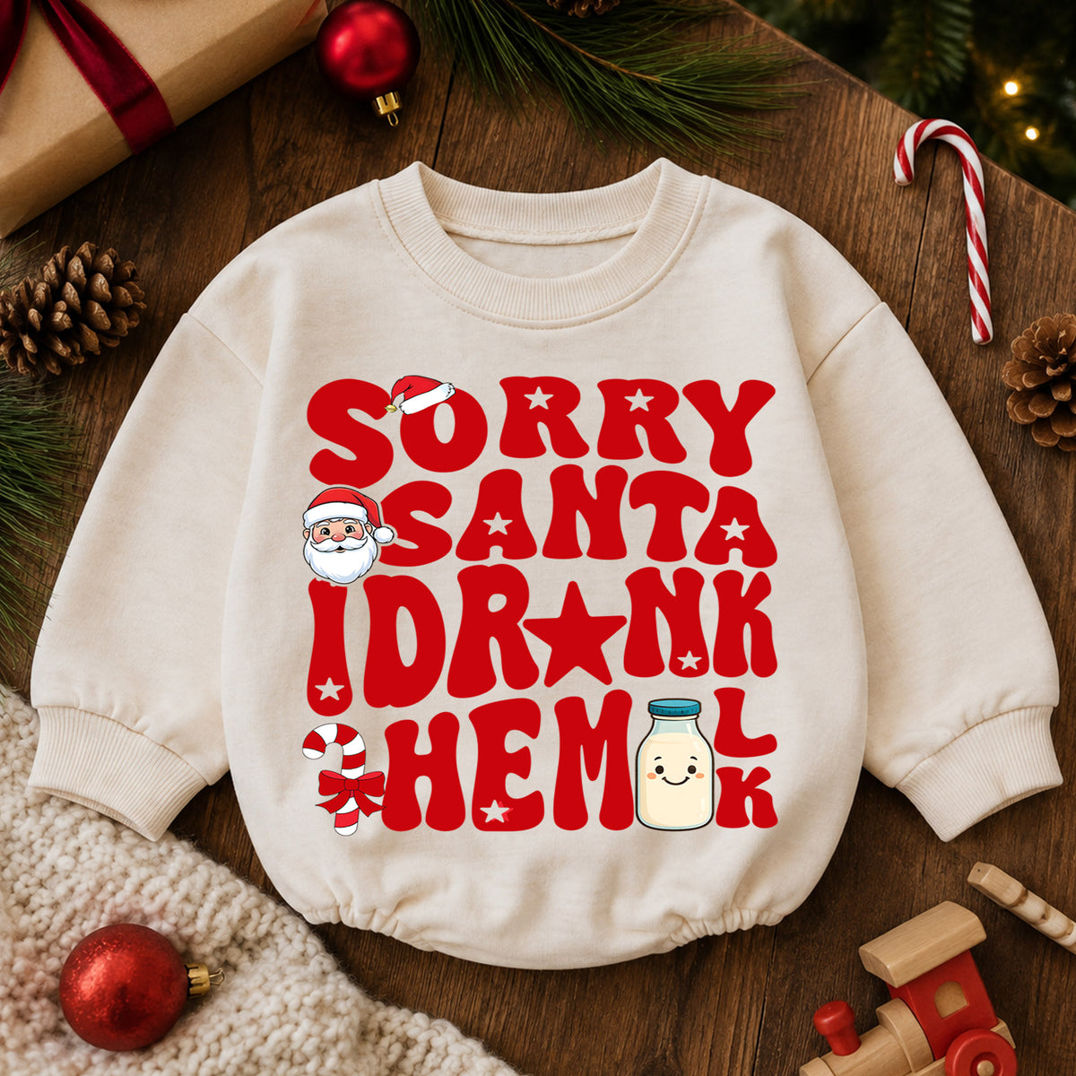 Sorry Santa I Drank the Milk Baby Romper, Retro Christmas Romper, Milk Bottle Holiday Outfit, Funny Toddler Xmas Gift — product view 6