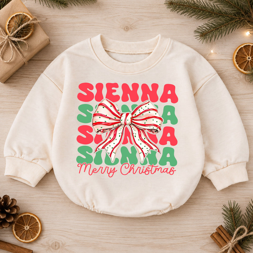 Personalized Christmas Bow Name Romper, Custom Girl Holiday Outfit, 1st Christmas Keepsake, My First Birthday Gift for Baby — product view 1