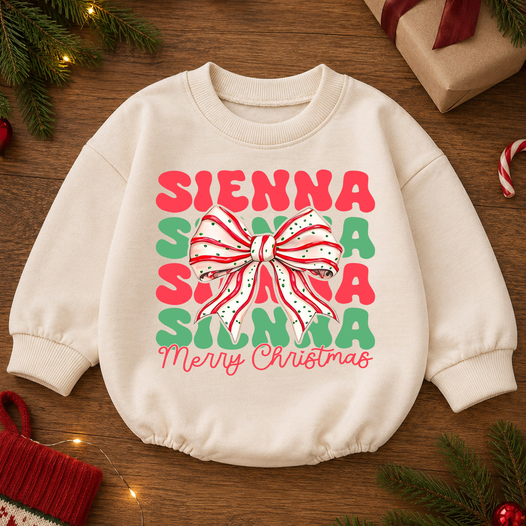 Personalized Christmas Bow Name Romper, Custom Girl Holiday Outfit, 1st Christmas Keepsake, My First Birthday Gift for Baby — product view 2
