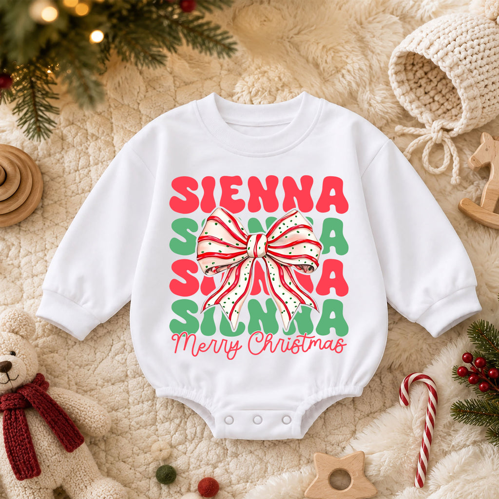Personalized Christmas Bow Name Romper, Custom Girl Holiday Outfit, 1st Christmas Keepsake, My First Birthday Gift for Baby — product view 3
