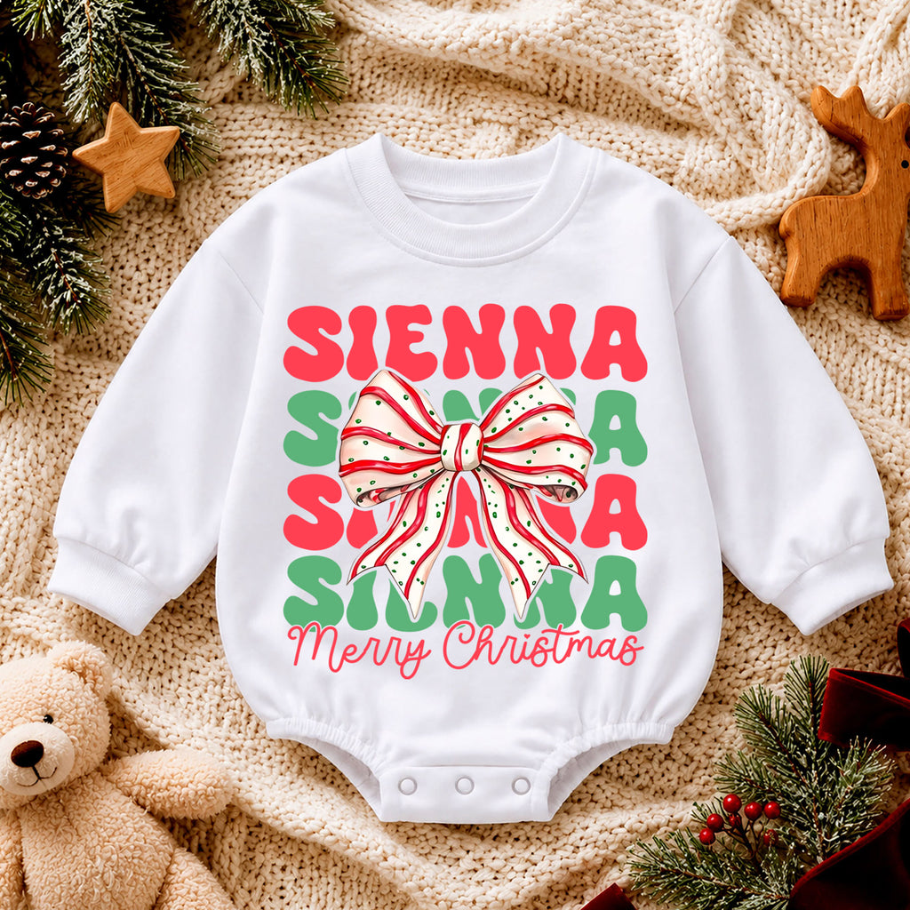 Personalized Christmas Bow Name Romper, Custom Girl Holiday Outfit, 1st Christmas Keepsake, My First Birthday Gift for Baby — product view 4