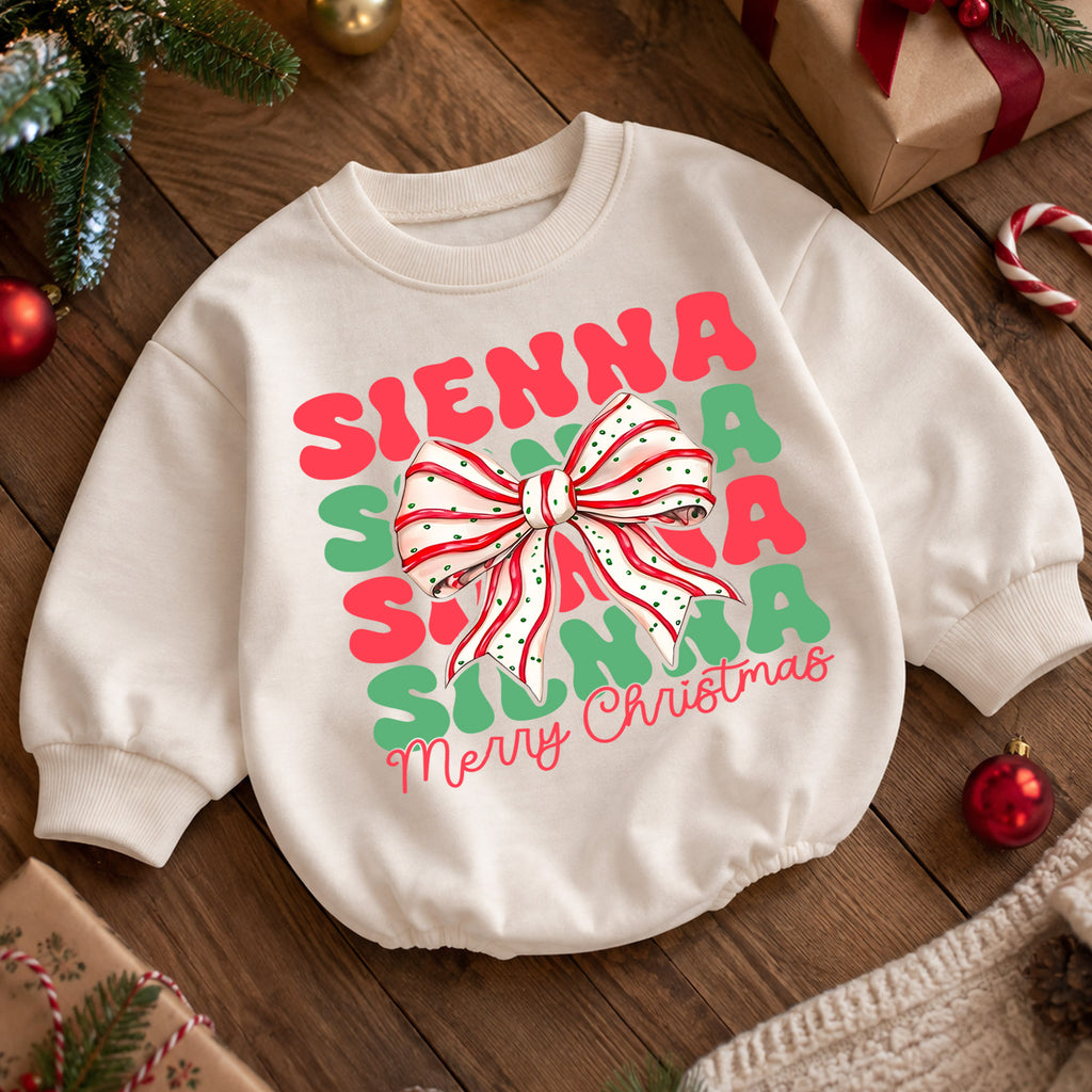 Personalized Christmas Bow Name Romper, Custom Girl Holiday Outfit, 1st Christmas Keepsake, My First Birthday Gift for Baby — product view 5