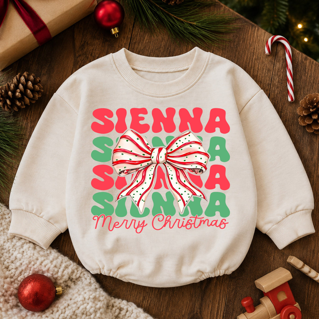 Personalized Christmas Bow Name Romper, Custom Girl Holiday Outfit, 1st Christmas Keepsake, My First Birthday Gift for Baby — product view 6