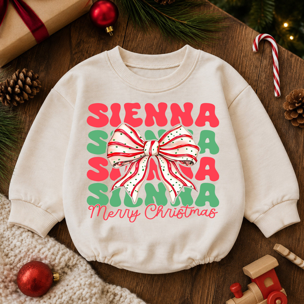 Personalized Christmas Bow Name Romper, Custom Girl Holiday Outfit, 1st Christmas Keepsake, My First Birthday Gift for Baby — product view 6