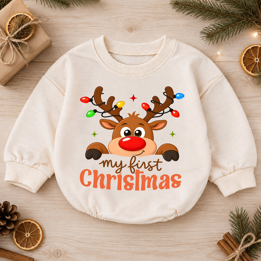 My First Christmas Reindeer Baby Romper, Cute Reindeer Christmas Romper, Baby First Xmas Outfit, Holiday Keepsake Gift — product view 1