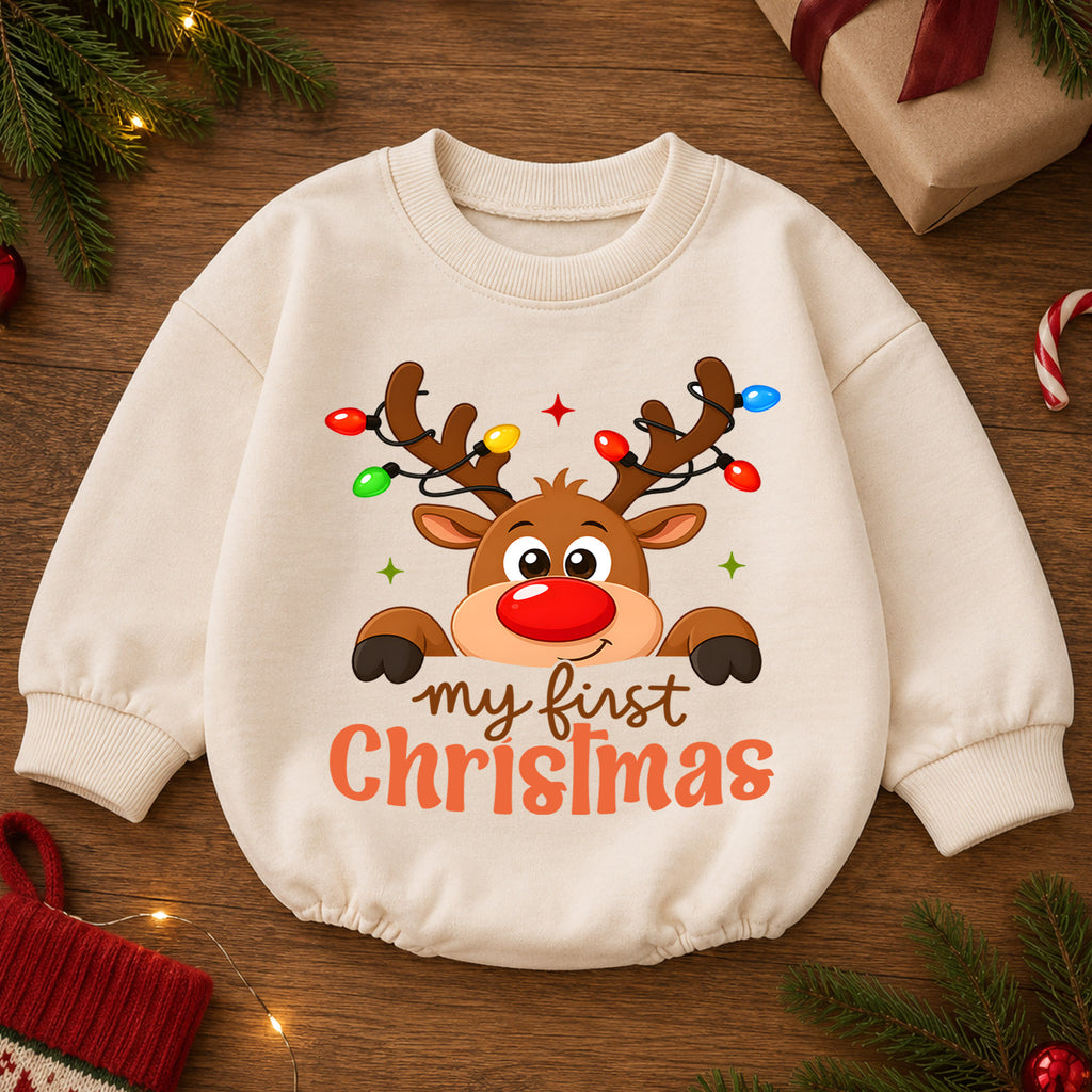 My First Christmas Reindeer Baby Romper, Cute Reindeer Christmas Romper, Baby First Xmas Outfit, Holiday Keepsake Gift — product view 2