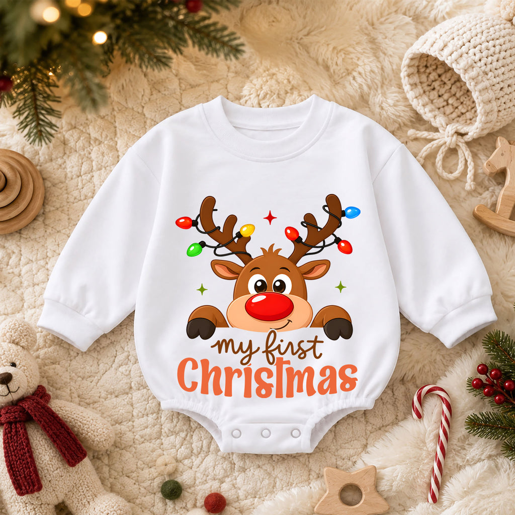 My First Christmas Reindeer Baby Romper, Cute Reindeer Christmas Romper, Baby First Xmas Outfit, Holiday Keepsake Gift — product view 3
