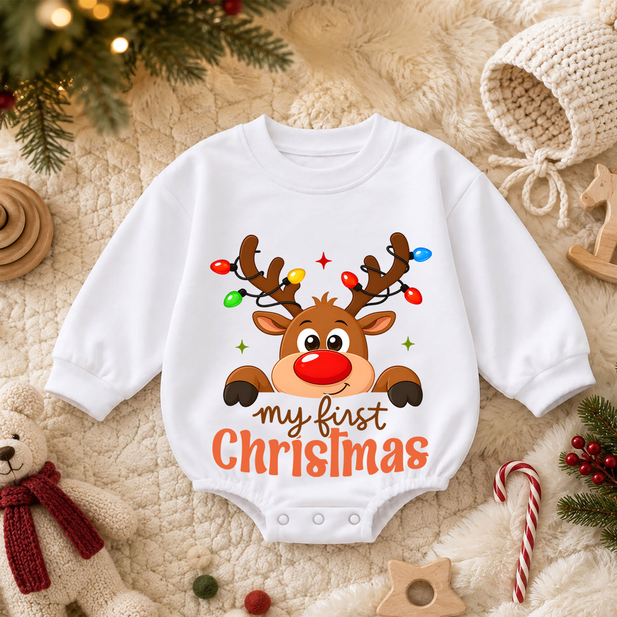My First Christmas Reindeer Baby Romper, Cute Reindeer Christmas Romper, Baby First Xmas Outfit, Holiday Keepsake Gift — product view 3