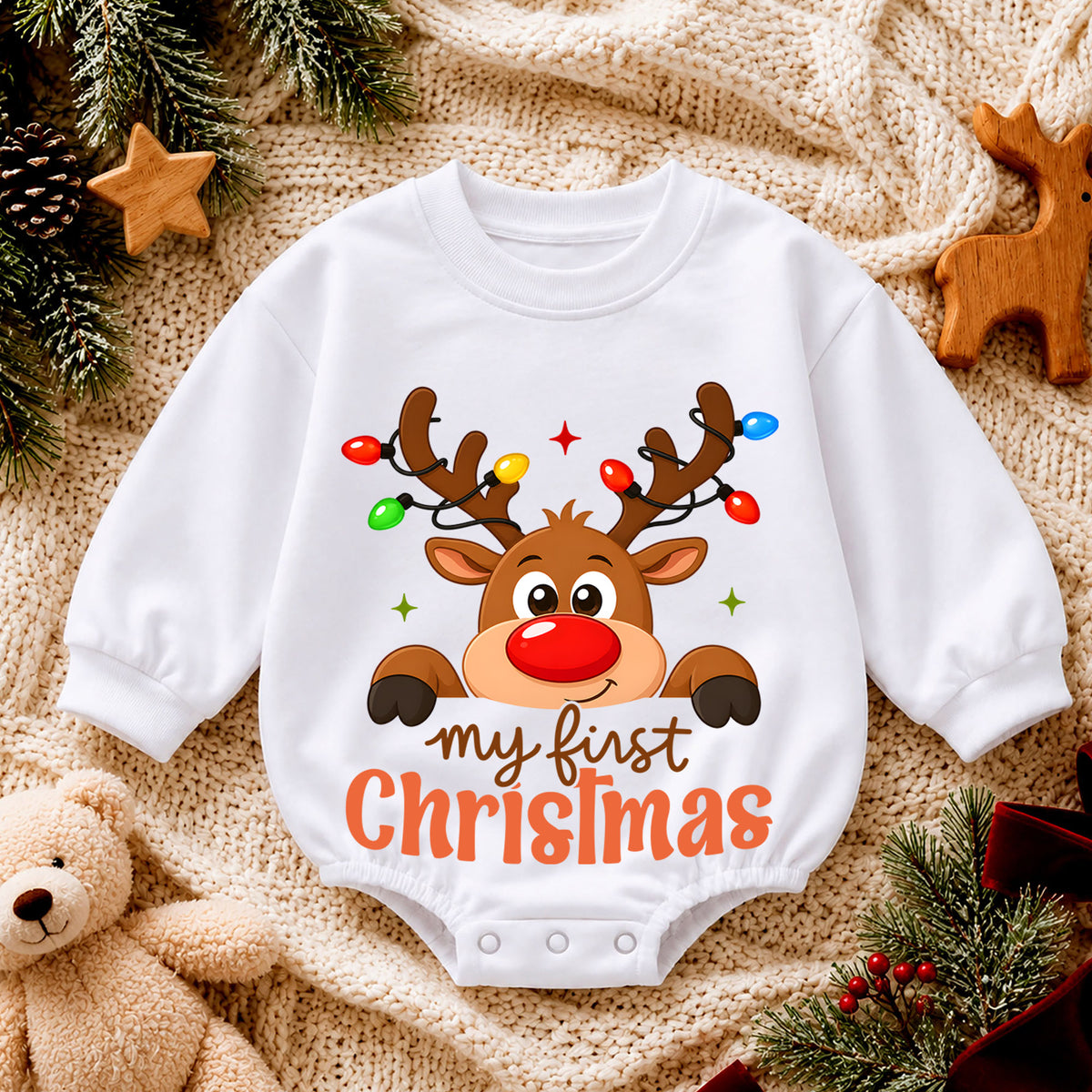 My First Christmas Reindeer Baby Romper, Cute Reindeer Christmas Romper, Baby First Xmas Outfit, Holiday Keepsake Gift — product view 4