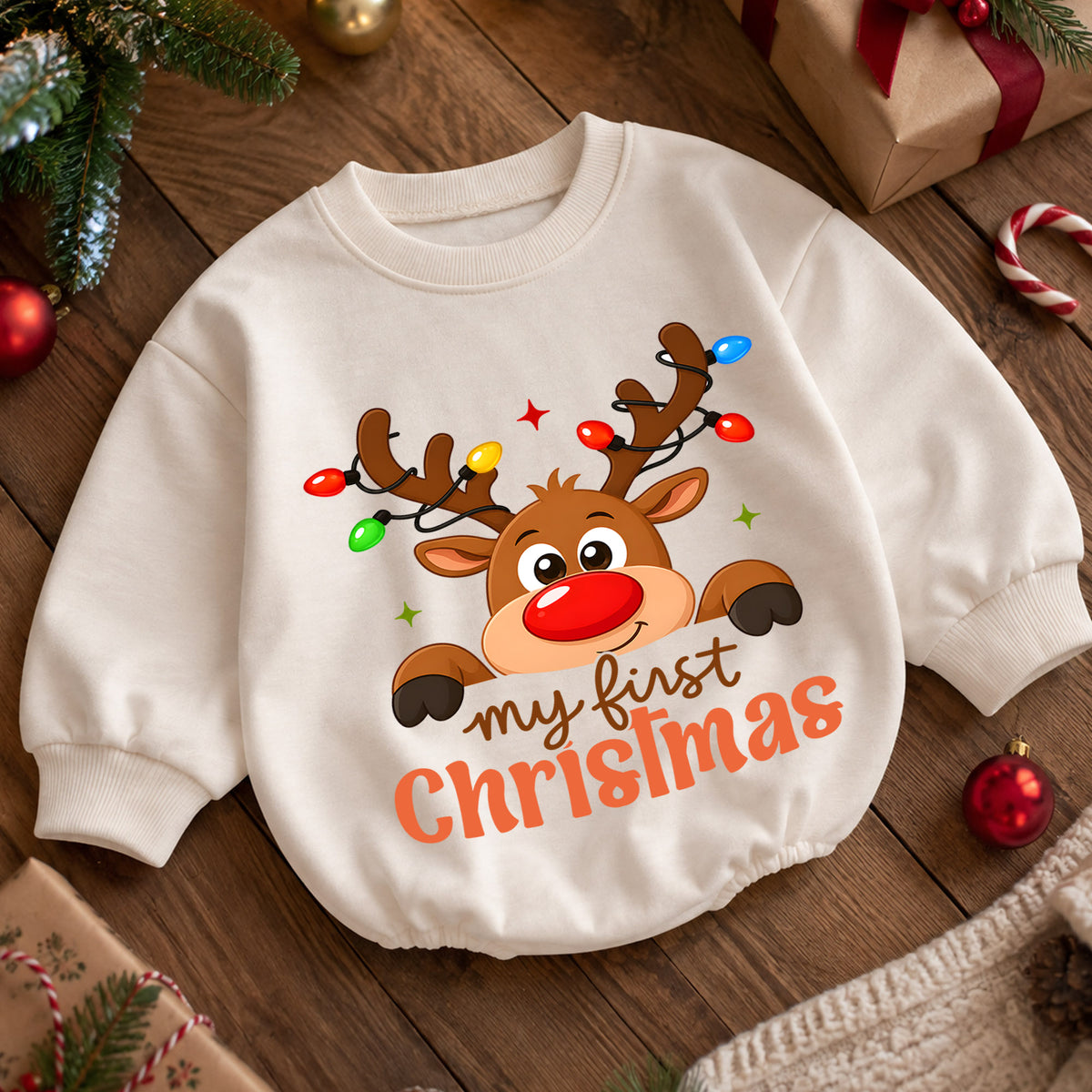 My First Christmas Reindeer Baby Romper, Cute Reindeer Christmas Romper, Baby First Xmas Outfit, Holiday Keepsake Gift — product view 5