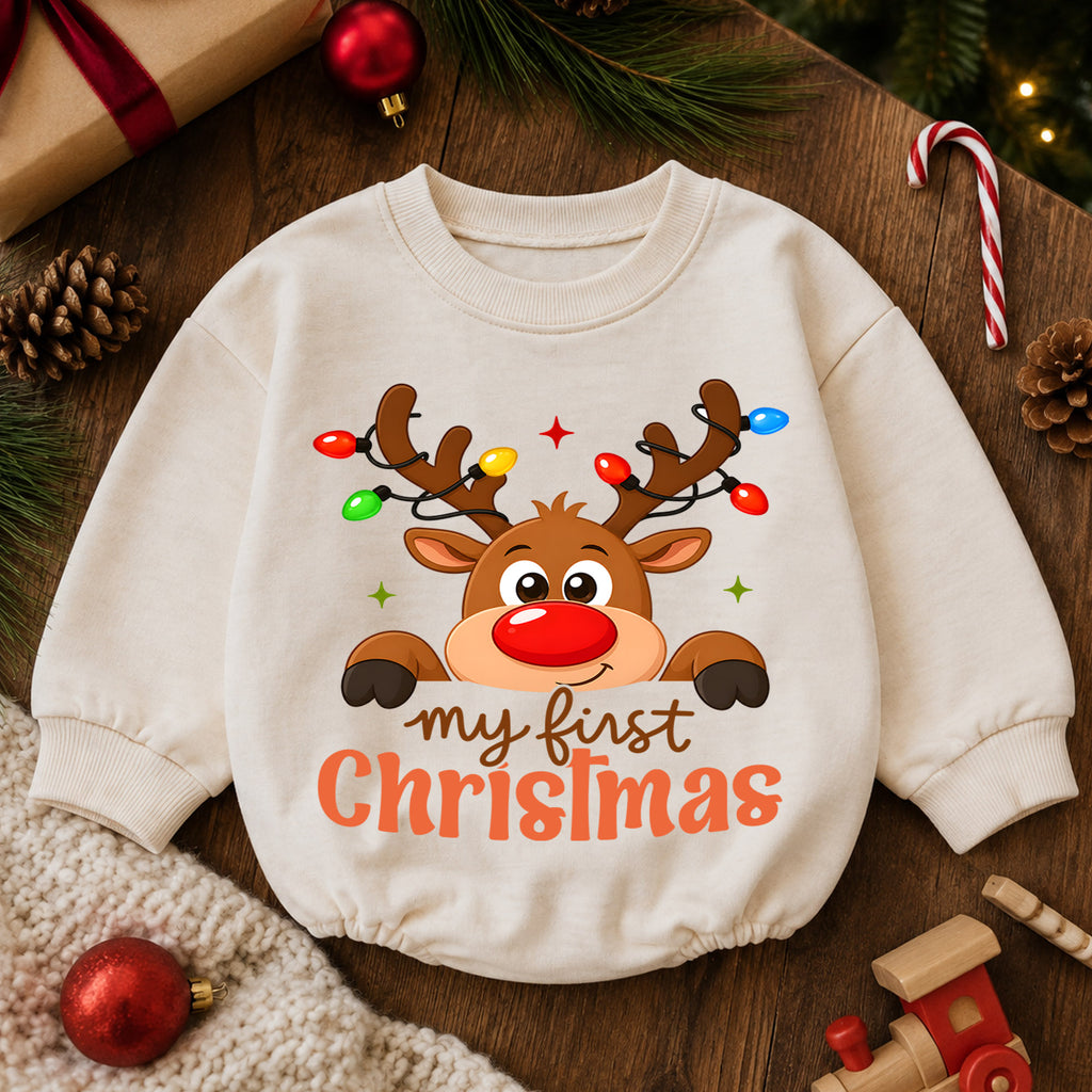 My First Christmas Reindeer Baby Romper, Cute Reindeer Christmas Romper, Baby First Xmas Outfit, Holiday Keepsake Gift — product view 6