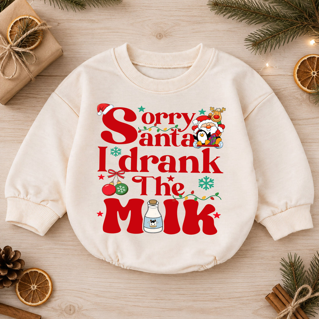 Sorry Santa I Drank the Milk Baby Romper, Funny Christmas Romper, Toddler Holiday Outfit, Christmas Eve Baby Gift — product view 1