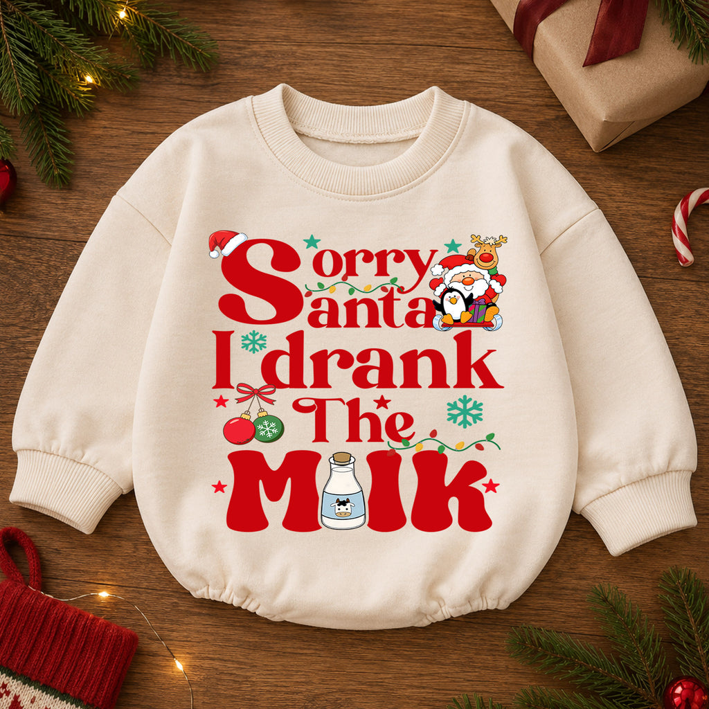 Sorry Santa I Drank the Milk Baby Romper, Funny Christmas Romper, Toddler Holiday Outfit, Christmas Eve Baby Gift — product view 2