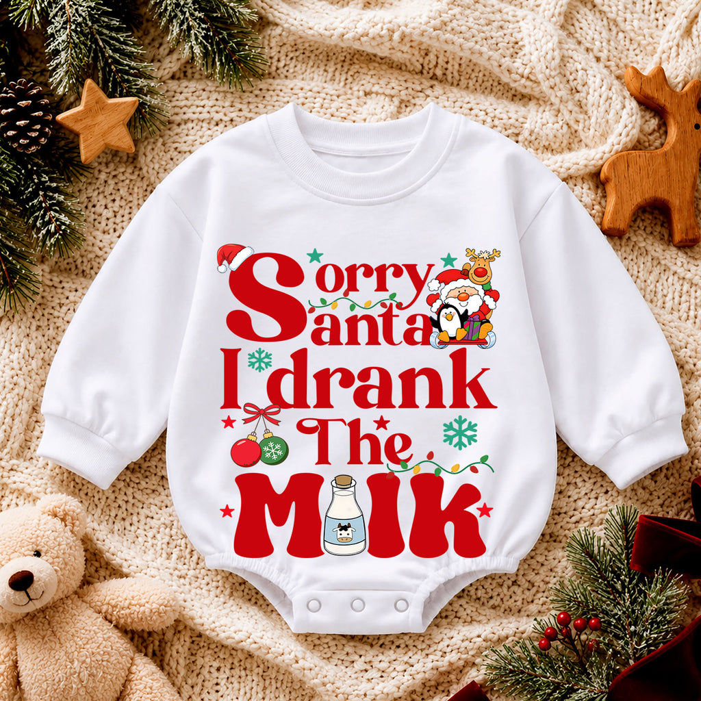 Sorry Santa I Drank the Milk Baby Romper, Funny Christmas Romper, Toddler Holiday Outfit, Christmas Eve Baby Gift — product view 4