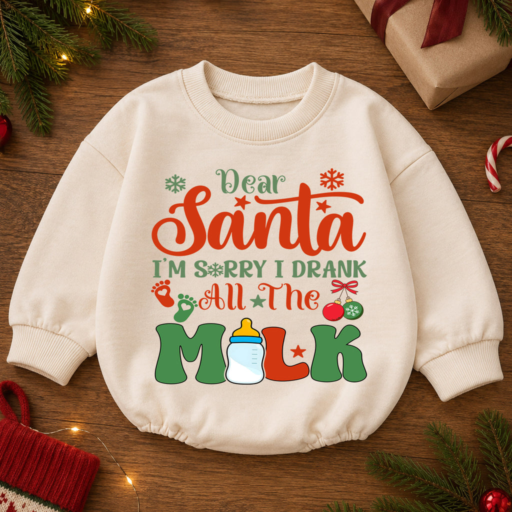 Dear Santa I Drank All the Milk Romper, Funny Baby 1st Christmas Outfit, 1st Birthday Holiday Romper, Christmas Photo Gift — product view 2