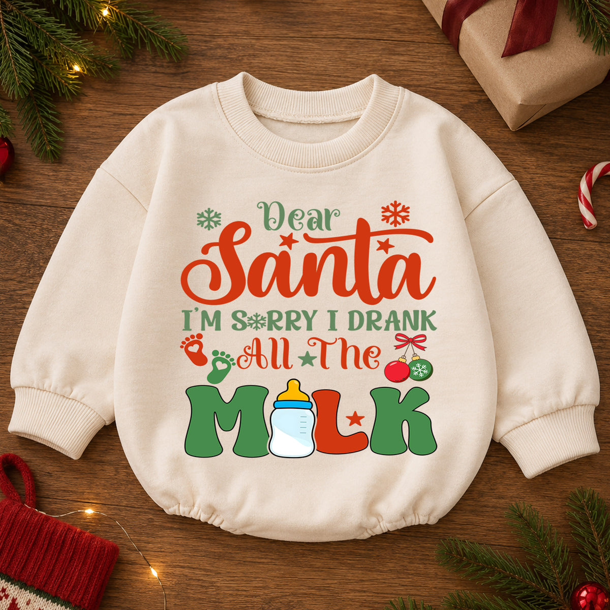 Dear Santa I Drank All the Milk Romper, Funny Baby 1st Christmas Outfit, 1st Birthday Holiday Romper, Christmas Photo Gift — product view 2