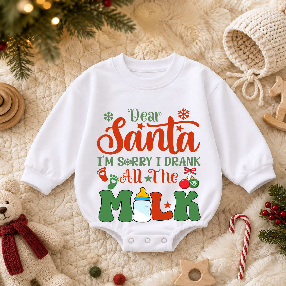 Dear Santa I Drank All the Milk Romper, Funny Baby 1st Christmas Outfit, 1st Birthday Holiday Romper, Christmas Photo Gift — product view 3