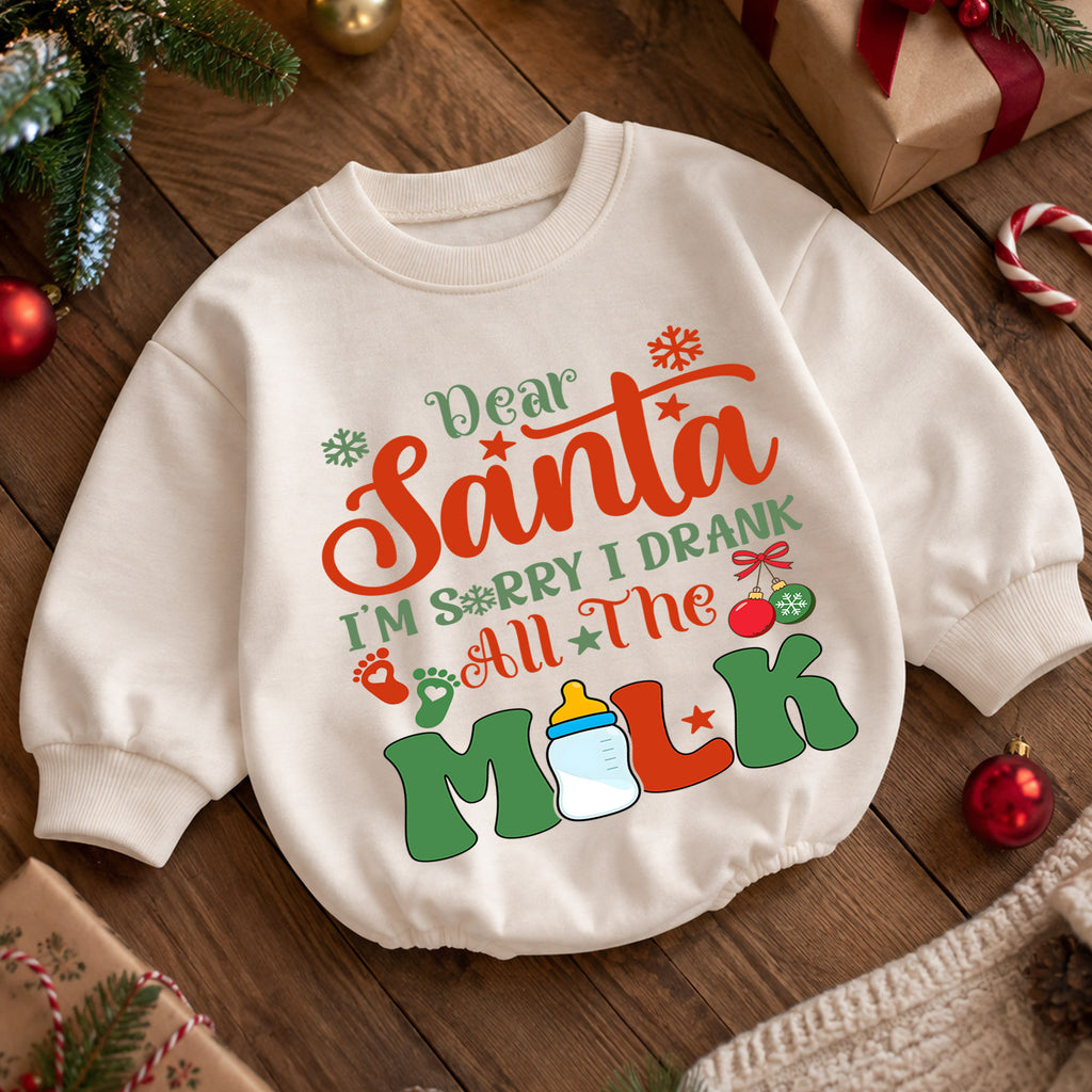 Dear Santa I Drank All the Milk Romper, Funny Baby 1st Christmas Outfit, 1st Birthday Holiday Romper, Christmas Photo Gift — product view 5