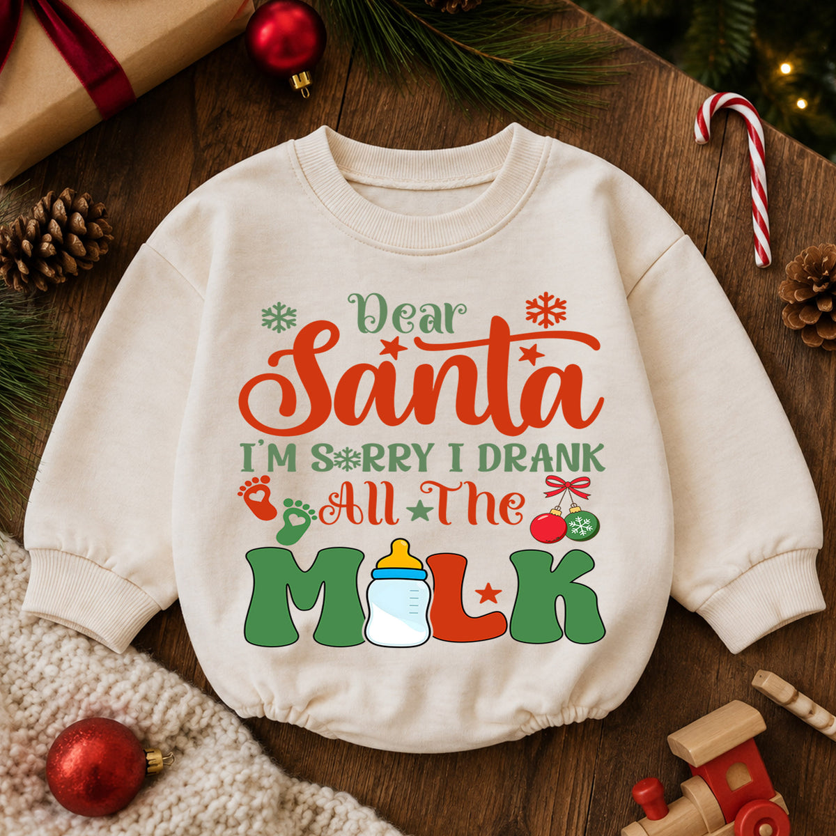 Dear Santa I Drank All the Milk Romper, Funny Baby 1st Christmas Outfit, 1st Birthday Holiday Romper, Christmas Photo Gift — product view 6