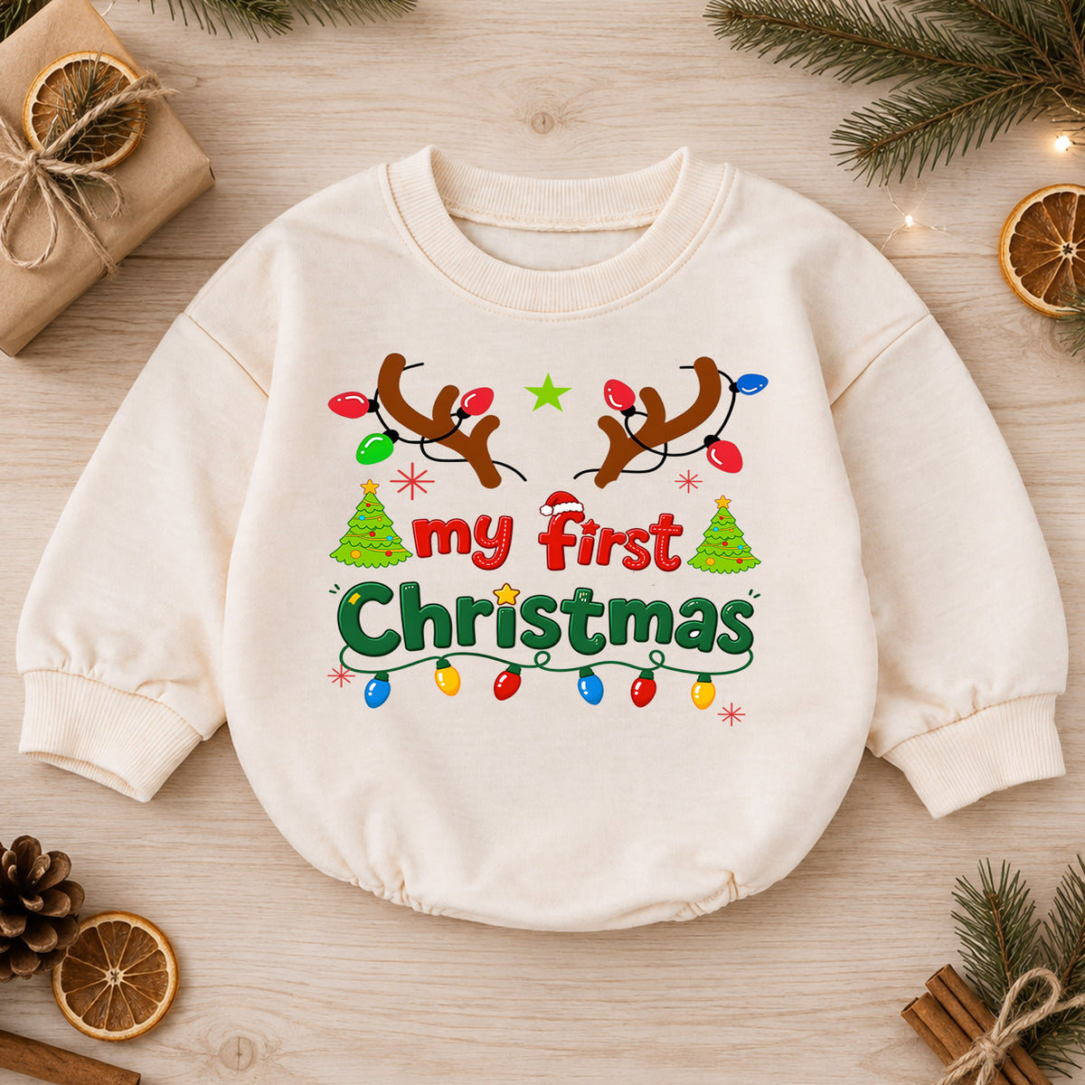 My First Christmas Baby Romper, Reindeer Antlers Holiday Romper, Baby First Xmas Outfit, Christmas Lights Keepsake Gift — product view 1