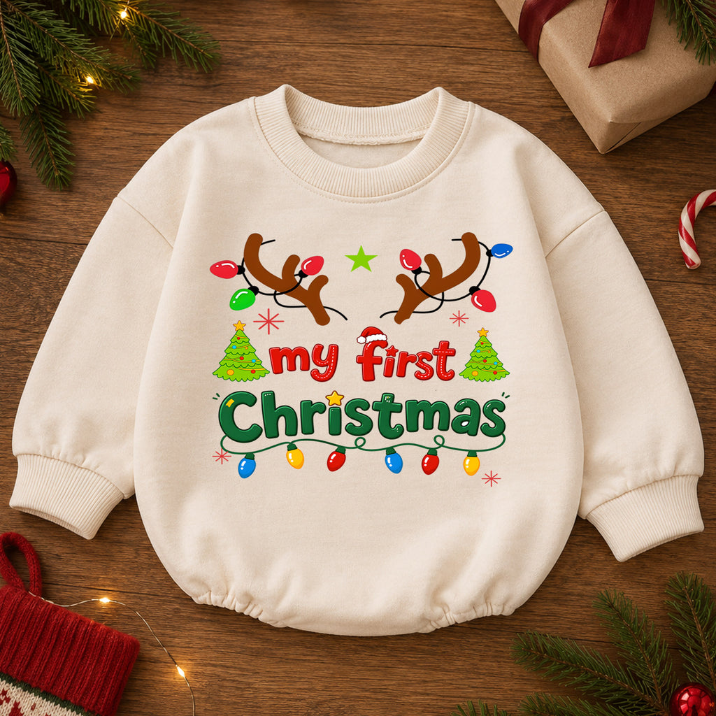 My First Christmas Baby Romper, Reindeer Antlers Holiday Romper, Baby First Xmas Outfit, Christmas Lights Keepsake Gift — product view 2