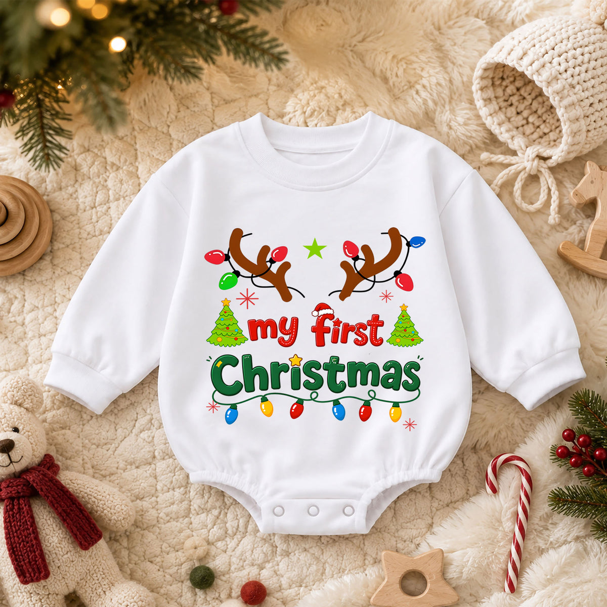 My First Christmas Baby Romper, Reindeer Antlers Holiday Romper, Baby First Xmas Outfit, Christmas Lights Keepsake Gift — product view 3