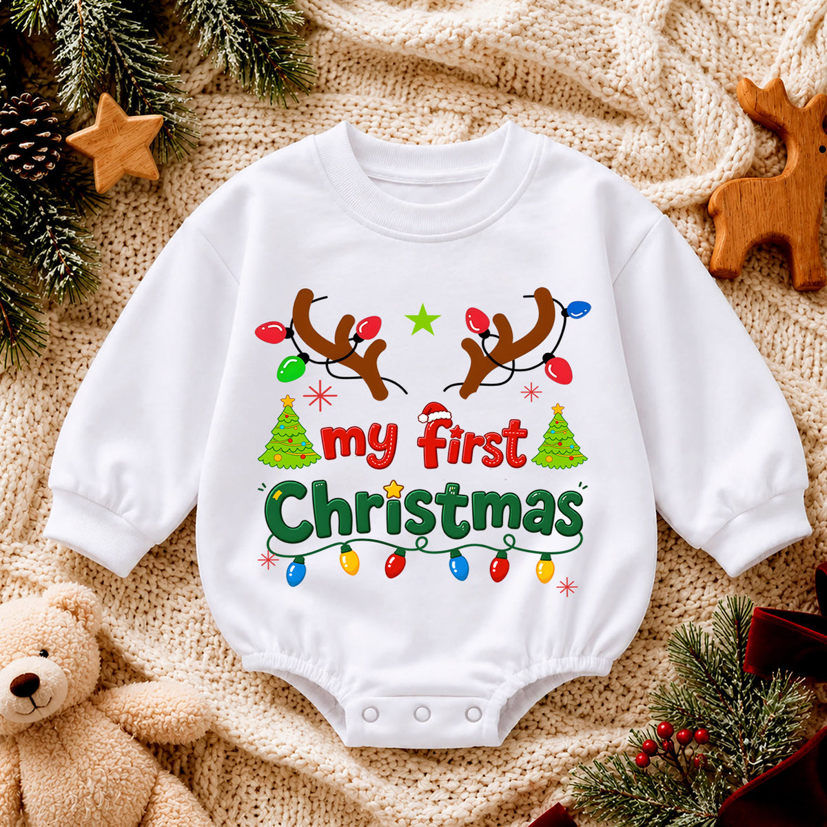 My First Christmas Baby Romper, Reindeer Antlers Holiday Romper, Baby First Xmas Outfit, Christmas Lights Keepsake Gift — product view 4